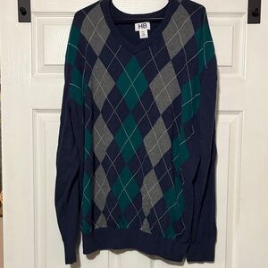 Men's Argyle v neck Sweater - Navy and Teal